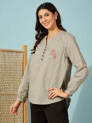 olive green cotton shirt tiger embroidery comfortable casual wear 2