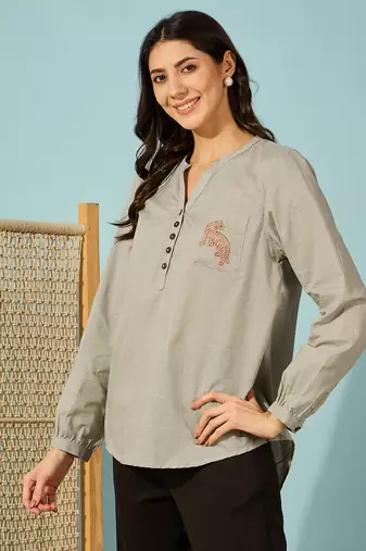 olive green cotton shirt tiger embroidery comfortable casual wear