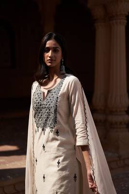 White cotton chanderi kurta pant with dupatta 2