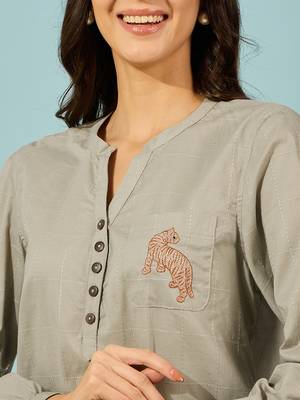 olive green cotton shirt tiger embroidery comfortable casual wear 4