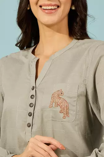 olive green cotton shirt tiger embroidery comfortable casual wear