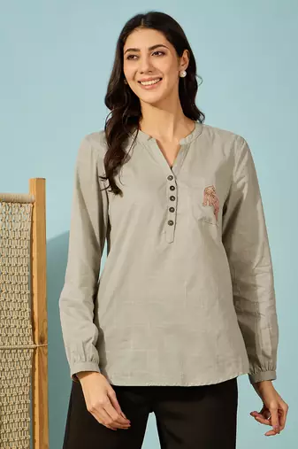 olive green cotton shirt tiger embroidery comfortable casual wear