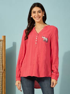 Womens red cotton shirt elephant embroidery casual wear 1
