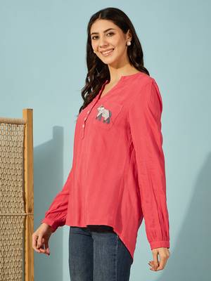 Womens red cotton shirt elephant embroidery casual wear 2