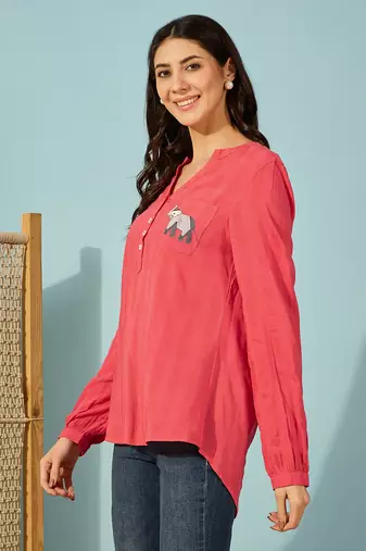 Womens red cotton shirt elephant embroidery casual wear