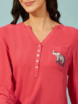 Womens red cotton shirt elephant embroidery casual wear 4