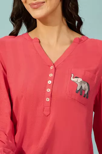 Womens red cotton shirt elephant embroidery casual wear