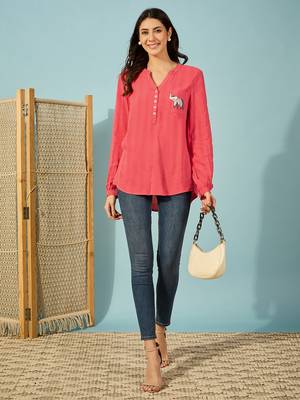 Womens red cotton shirt elephant embroidery casual wear 5