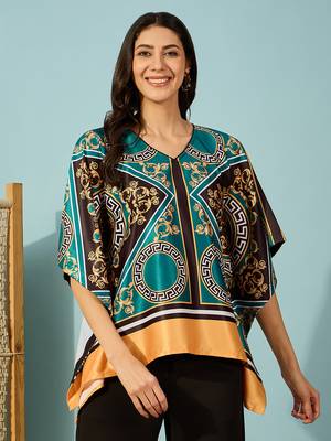 Womens teal baroque printed kaftan crop top lightweight casual wear 1