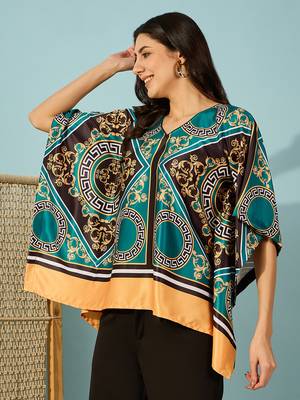 Womens teal baroque printed kaftan crop top lightweight casual wear 2