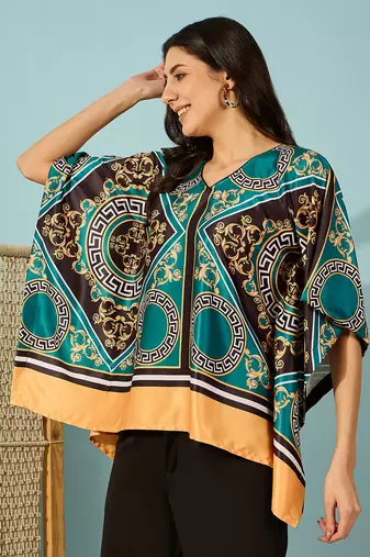 Womens teal baroque printed kaftan crop top lightweight casual wear