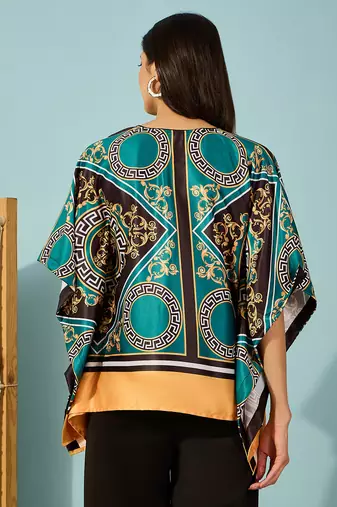 Womens teal baroque printed kaftan crop top lightweight casual wear