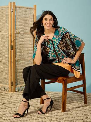 Womens teal baroque printed kaftan crop top lightweight casual wear 4