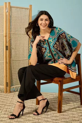 Womens teal baroque printed kaftan crop top lightweight casual wear