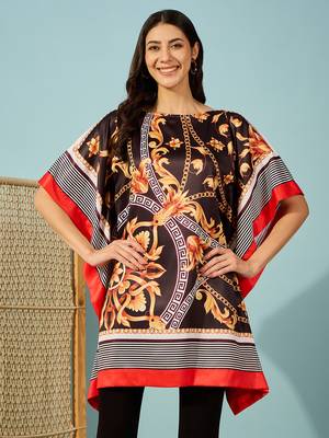 Women's black and gold baroque printed satin kaftan tunic 1