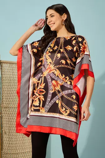 Women's black and gold baroque printed satin kaftan tunic