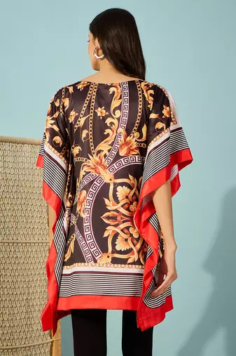 Women's black and gold baroque printed satin kaftan tunic