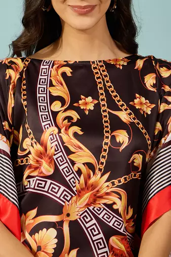 Women's black and gold baroque printed satin kaftan tunic