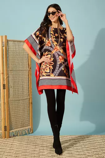 Women's black and gold baroque printed satin kaftan tunic