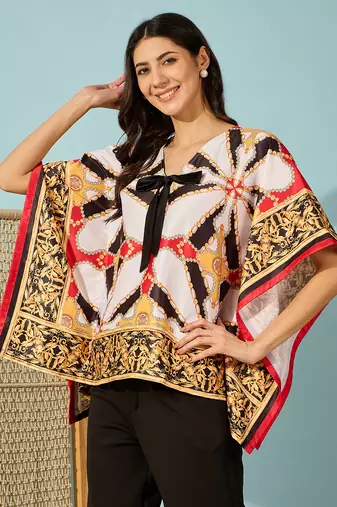 black satin kaftan crop top with exquisite baroque patterns