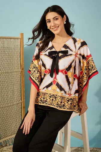 black satin kaftan crop top with exquisite baroque patterns