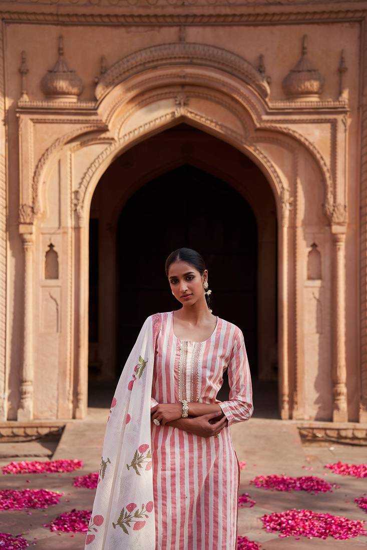 powder pink Hand Block Printed straight fit Cotton Kurta set 