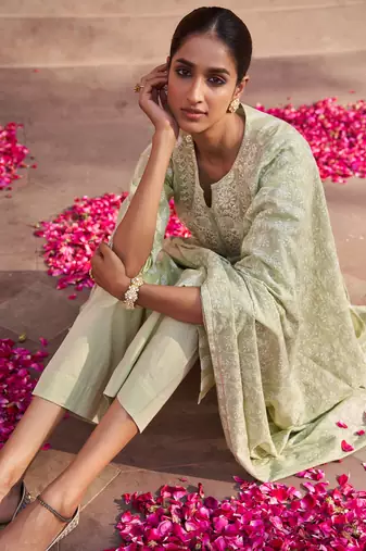 mint green Hand Block Printed straight fit Cotton Kurta set 