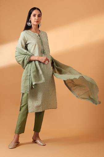 Green digital striped cotton suit set 