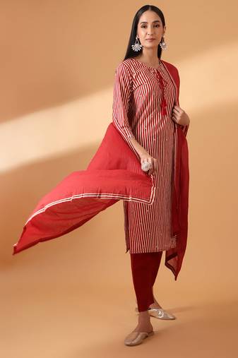 Maroon digital striped cotton suit kurta pant and dupatta set