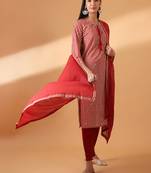 Maroon digital striped cotton suit kurta pant and dupatta set