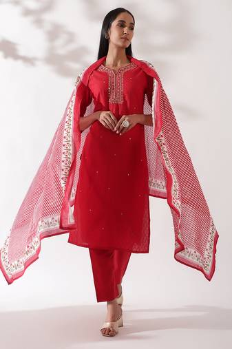red Dori work straight fit cotton kurta set 