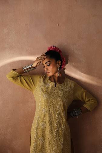 Yellow chikankari straight suit kurta pant set 