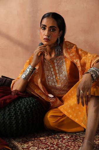 Yellow straight fit chanderi suit kurta  pant with dupatta set