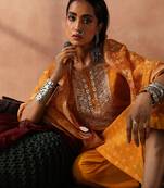 Yellow straight fit chanderi suit kurta  pant with dupatta set