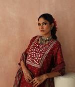 Maroon straight fit chanderi kurta set with dupatta 