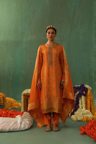  Yellow cotton silk banarasi border salwar kameez set 