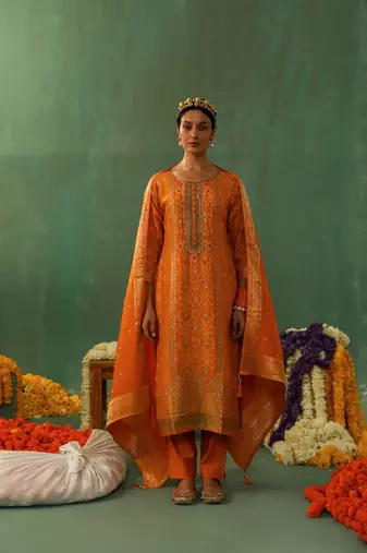  Yellow cotton silk banarasi border salwar kameez set 