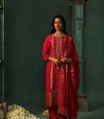 rani pink cotton silk kurta pant with dupatta set