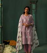 Lavender straight fit cotton suit kurta pant with dupatta set