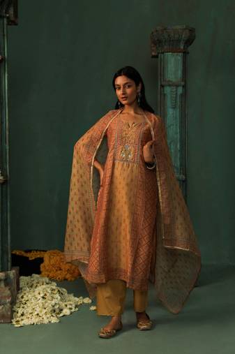 Mustard linen suit kurta pant with dupatta set