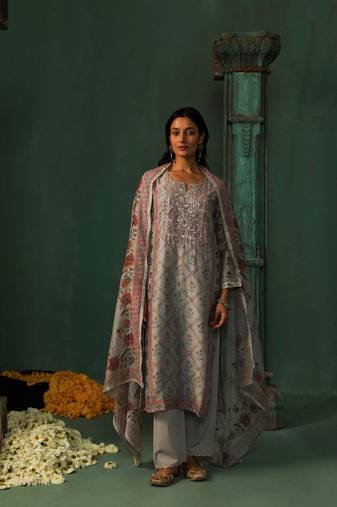Grey linen suit kurta pant with dupatta set 