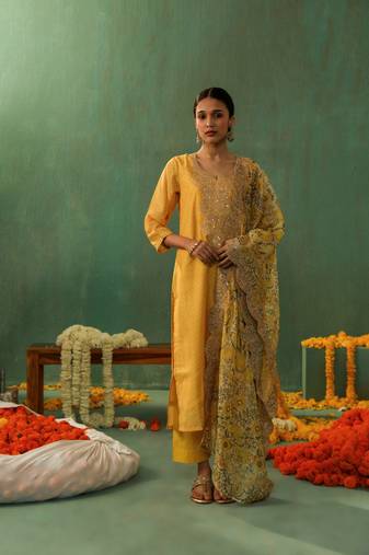 Yellow straight fit chanderi suit kurta pant with dupatta set