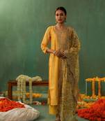 Yellow straight fit chanderi suit kurta pant with dupatta set