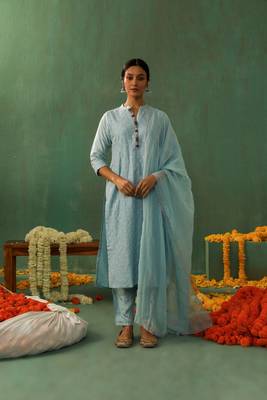 Powder blue cotton silk suit kurta pant with dupatta set 1