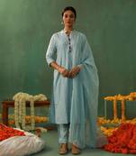 Powder blue cotton silk suit kurta pant with dupatta set