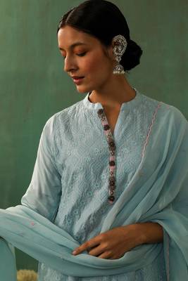Powder blue cotton silk suit kurta pant with dupatta set 2