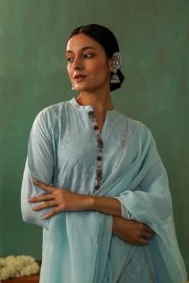 Powder blue cotton silk suit kurta pant with dupatta set 3