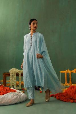 Powder blue cotton silk suit kurta pant with dupatta set 4