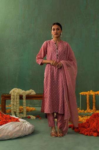Rose pink cotton silk suit kurta pant with dupatta set