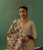 Thread work straight fit chanderi suit kurta pant with dupatta set